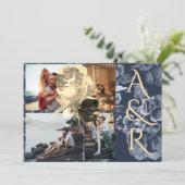 Aangepast 4 Foto's Navy Blue Golden Floral Wedding Kaart (Staand voorkant)