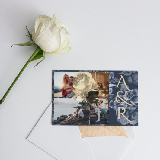 Aangepast 4 Foto's Navy Blue Golden Floral Wedding Kaart