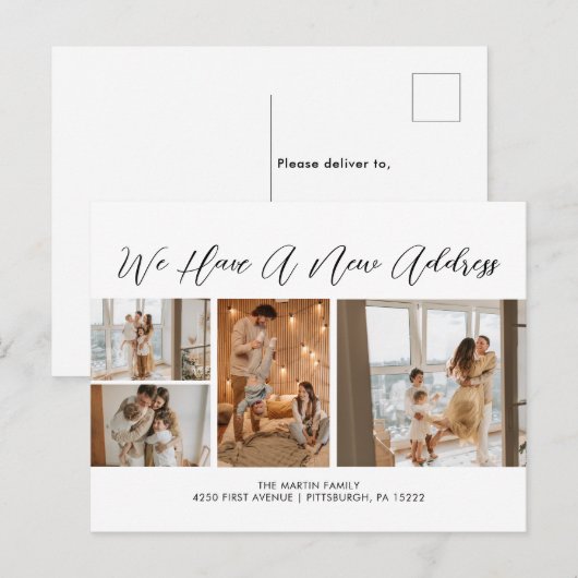 Aangepast 4 foto's zwart-wit Casual script verplaa Briefkaart (Voorkant / Achterkant)