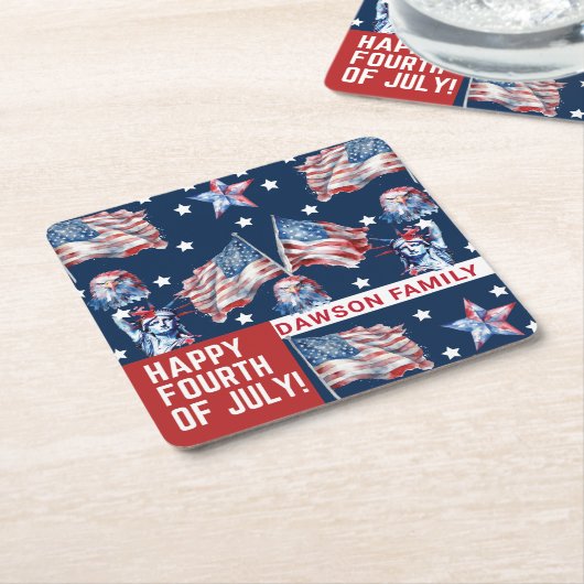 Aangepast 4 juli Waterverf Familienaam Kartonnen Onderzetters (Schuin)