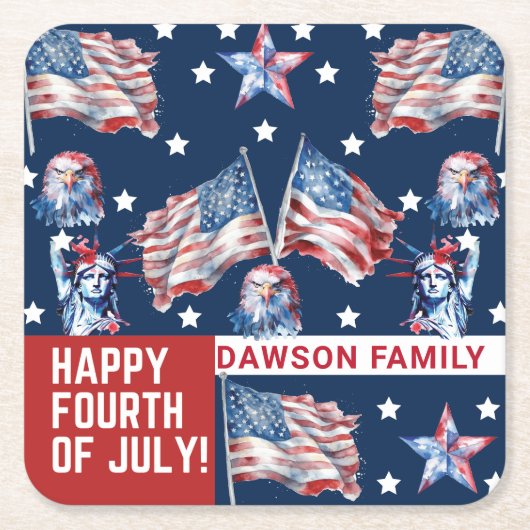 Aangepast 4 juli Waterverf Familienaam Kartonnen Onderzetters (Voorkant)