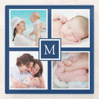 Aangepast 4 Monogram fotocollage Blauw Glazen Onderzetter