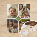 Aangepast 4 Monogram fotocollage | Olijf Legpuzzel<br><div class="desc">Een speciaal gepersonaliseerd cadeau met 4 aangepaste foto's en initiaal voor monogram. Gebruik de ontwerphulpmiddelen om extra tekst in om het even welke doopvont en kleuren toe te voegen u houdt van. Upload meer foto's, geef de achtergrondkleur uit of kies een verschillende grootteoptie om het ontwerp verder aan te passen....</div>