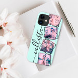 Aangepast 4 Monogram met handgeschreven foto-voorb Case-Mate iPhone Case<br><div class="desc">Dit romantische, coole en moderne hoesje is perfect voor iedereen die zijn geliefde mee wil nemen. Het bevat vier aanpasbare foto-afbeeldingen. Bovenop de foto's staan zwarte, geschetste verdraaide lijsten voor een unieke en hedendaagse aanraking. Het toont ook een plaats voor een monogram naam bovenop een eenvoudige pastelmunt groene achtergrond. Voel...</div>