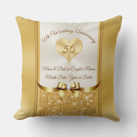 Aangepast 50e Jubileum Pillow, Gold, off White Kussen (Voorkant)
