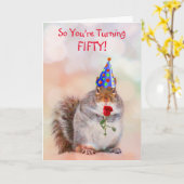 Aangepast 50e verjaardag Funny Squirrel Kaart (Gele Bloem)