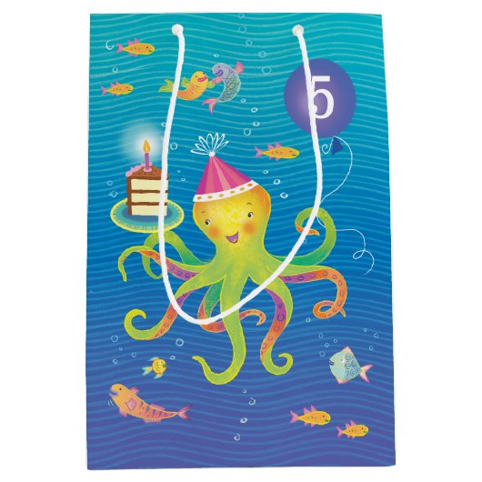 Aangepast 5 Blauw, Turquoise en Octopus Gift Bag Medium Cadeauzakje (Voorkant)