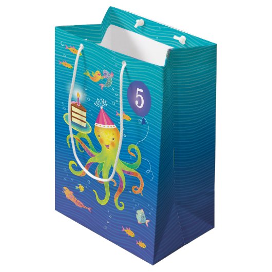 Aangepast 5 Blauw, Turquoise en Octopus Gift Bag Medium Cadeauzakje (Voorkant Gekanteld)