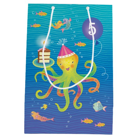 Aangepast 5 Blauw, Turquoise en Octopus Gift Bag Medium Cadeauzakje (Achterkant)