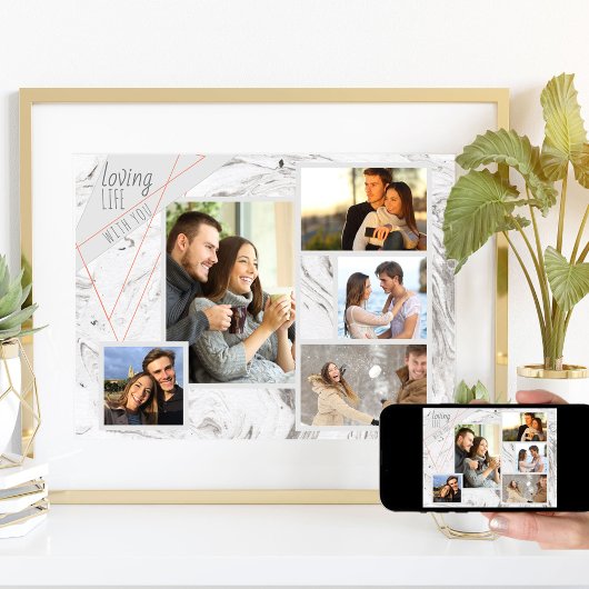 Aangepast 5 Foto collage Loving Life Grey Marble Poster