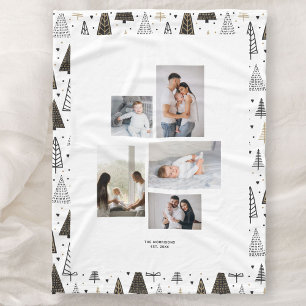 Aangepast 5 Foto's Collage naam Winter Pine Trees Fleece Deken