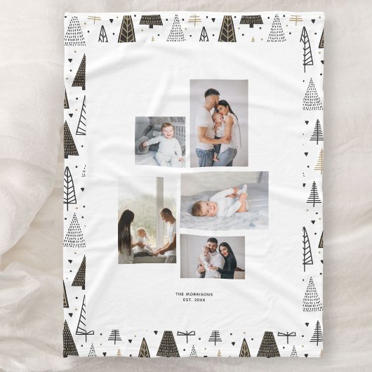 Aangepast 5 Foto's Collage naam Winter Pine Trees Fleece Deken
