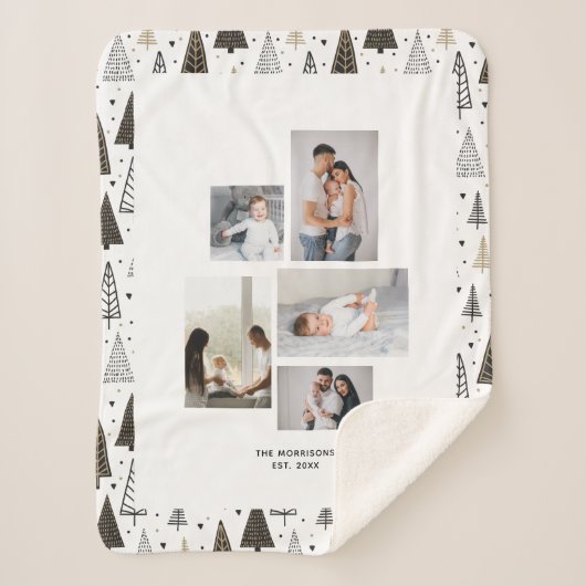 Aangepast 5 Foto's Collage naam Winter Pine Trees Sherpa Deken (Voorkant)