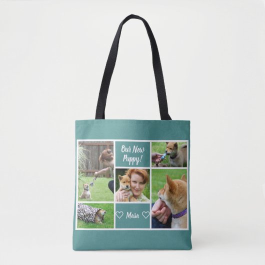 Aangepast 5-fotoserie Pet Collage op Blauwgroen Tote Bag (Voorkant)