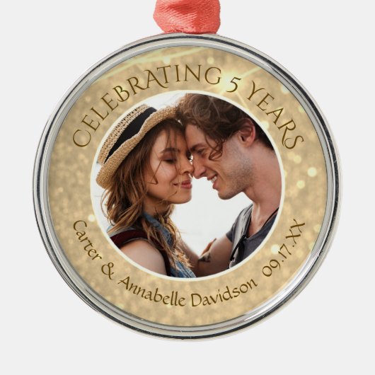 Aangepast 5e Jubileum | Gold Sparkle Photo Metalen Ornament (Voorkant)