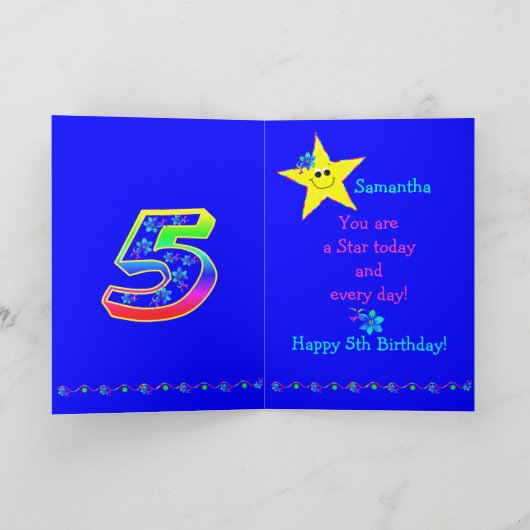 Aangepast 5e verjaardag voor meisjes kaart (Binnen)