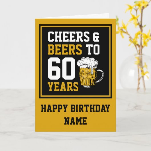Aangepast 60e geboortedag, kaas en bier tot 60 jaa kaart (Gele Bloem)