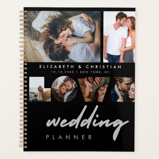 Aangepast 6 Foto's Black White Love Script Weddens Planner (Voorkant)
