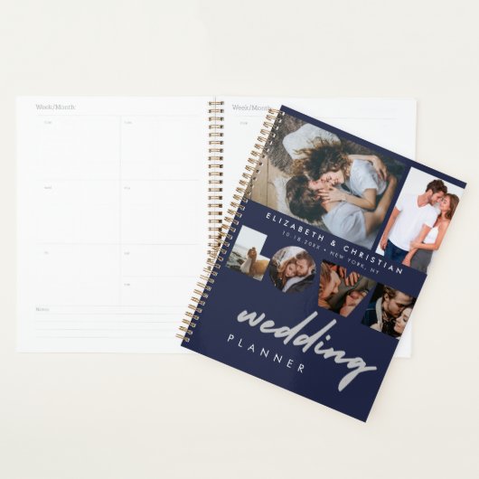 Aangepast 6 Foto's Navy Blue Love Script Weddensch Planner (Display)