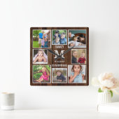 Aangepast 8 Foto Collage Familie Monogram Bruin Ho Vierkante Klok (Huis)