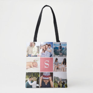 Aangepast 8 fotocollage Blush Pink Monogramed Tote Bag