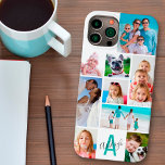 Aangepast 9 Monogram fotocollage naam Uw kleuren Case-Mate iPhone 14 Hoesje<br><div class="desc">Creëer uw eigen gepersonaliseerde de telefoongeval van de fotocollage van de douanecel gebruikend dit gemakkelijk-aan-uploadt fotomalplaatjeontwerp met 9 afbeeldingen in verschillende grootte en vormen met een monogram en een naam in editable doopvontstijlen en kleuren tegen uw keus van achtergrondkleur (getoond met een turquoise blauwgroen monogram en witte achtergrond). De steekproef...</div>