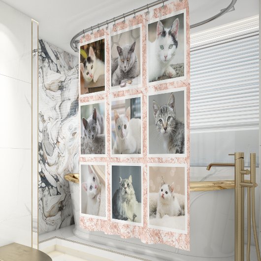Aangepast 9 vierkant fotocollage Roos Gold Marble Douchegordijn