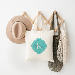 Aangepast aangepast monogram Turquoise Tote Bag<br><div class="desc">Cute Girly Modern Canvas tas met Custom Personalized Name and Initiaal Monogram in een  Marokkaanse Quatrefoil Cover Shape Lijst Border</div>