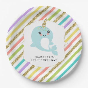 Aangepast aangepast regenbooglitter op Narwhal Papieren Bordje