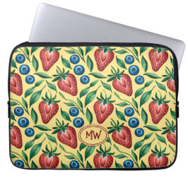 Aangepast aardbei-blauwebespatroon op geel laptop sleeve