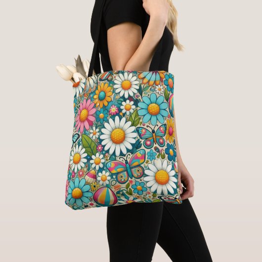 Aangepast Afbeelding Hippie Flowers Tote Bag (Dichtbij)