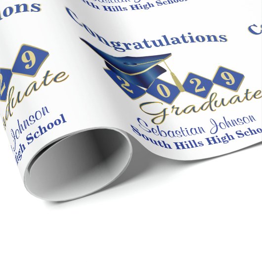 Aangepast Afstuderen blauw en goud Cadeaupapier (Rol Hoek)