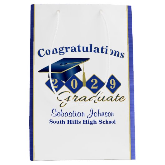 Aangepast Afstuderen blauw en goud Medium Cadeauzakje (Voorkant)