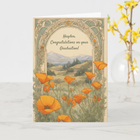 Aangepast Afstuderen  Bloemen Poppy Art Nouveau Kaart (Gele Bloem)