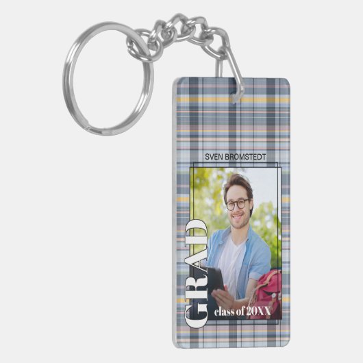 Aangepast Afstuderen foto op Gingham Pattern Sleutelhanger (Voorkant Links)
