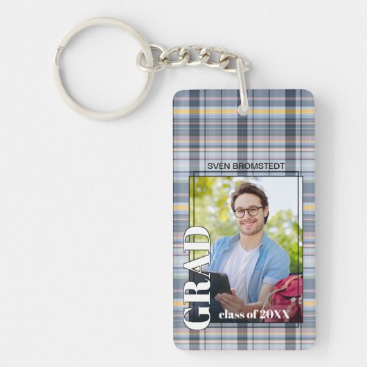 Aangepast Afstuderen foto op Gingham Pattern Sleutelhanger (Voorkant)