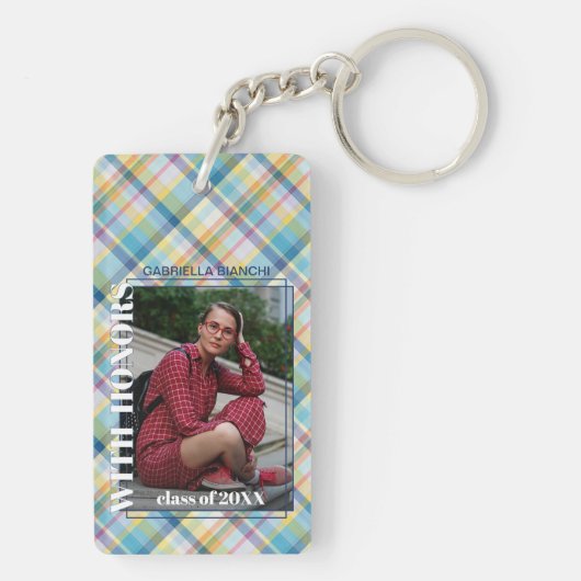 Aangepast Afstuderen foto op Gingham Pattern Sleutelhanger (achterkant)