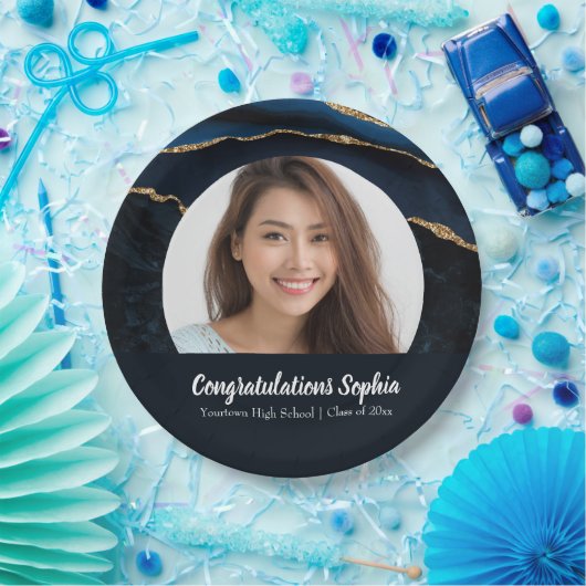 Aangepast Afstuderen Fotomarmer Agate Blue Papieren Bordje (Feest)