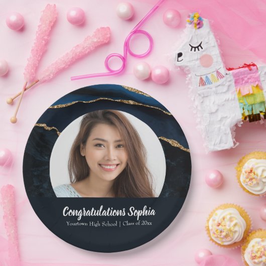 Aangepast Afstuderen Fotomarmer Agate Blue Papieren Bordje (Feest)