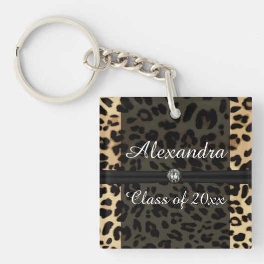 Aangepast Afstuderen met zwarte leopard Ribbon Jew Sleutelhanger (voorkant)