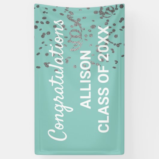 Aangepast Afstuderen Modern Blauwgroen Zilver Glit Spandoek (Verticaal)