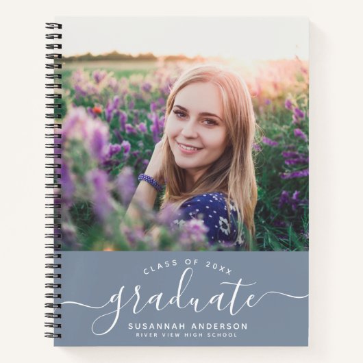 Aangepast Afstuderen Modern Dusty Blue Script Foto Notitieboek (Voorkant)
