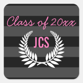 Aangepast Afstuderen, zwart en roze monogram Vierkante Sticker
