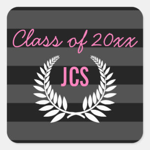 Aangepast Afstuderen, zwart en roze monogram Vierkante Sticker