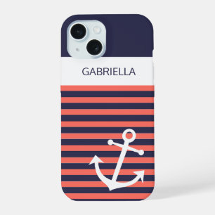 Aangepast anker koraalrode streeppatroon voor zeev iPhone 15 case