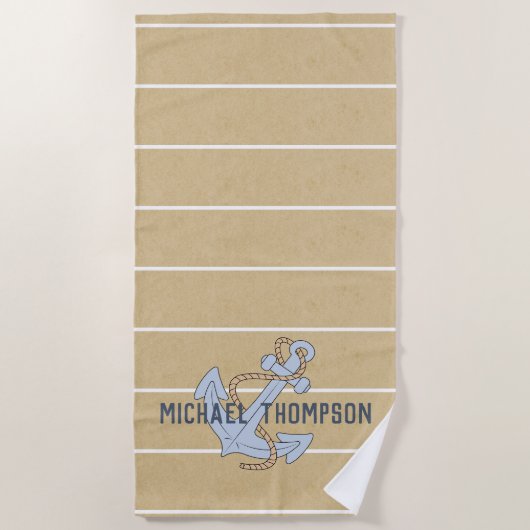 Aangepast anker Modern rustiek hout Witte strepen Strandlaken (Voorkant)