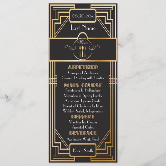 Aangepast - Art Deco Zwart en Goud Gatsby Huwelijk Menu (Voorkant)