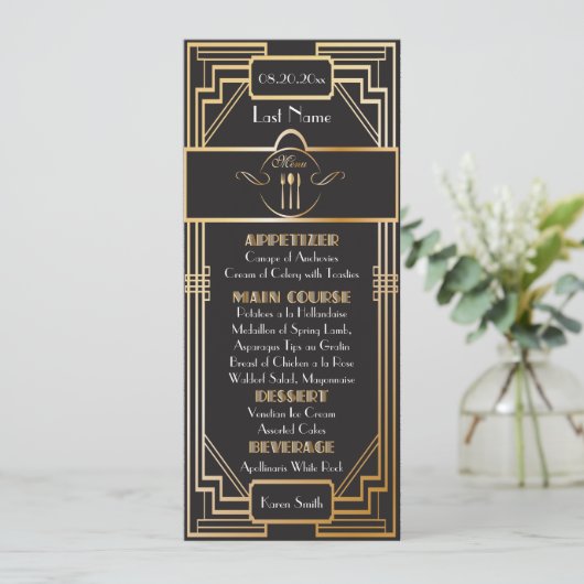 Aangepast - Art Deco Zwart en Goud Gatsby Huwelijk Menu (Staand voorkant)