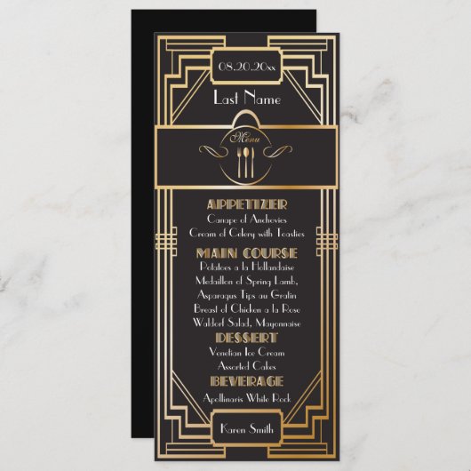 Aangepast - Art Deco Zwart en Goud Gatsby Huwelijk Menu (Voorkant / Achterkant)