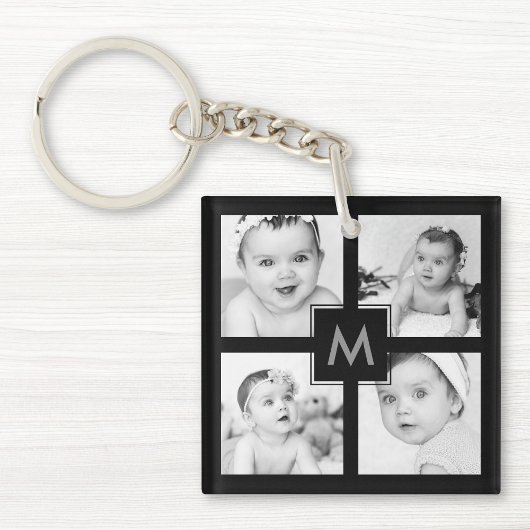 Aangepast Baby Foto Collage Initiaal Black Sleutelhanger